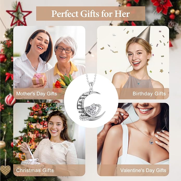 Distance I Love You to The Moon and Back Necklace for Women, S925 Sterling Silver Forever Love Heart Birthstone Necklace, Anniversary Birthday Jewelry for Wife Lover