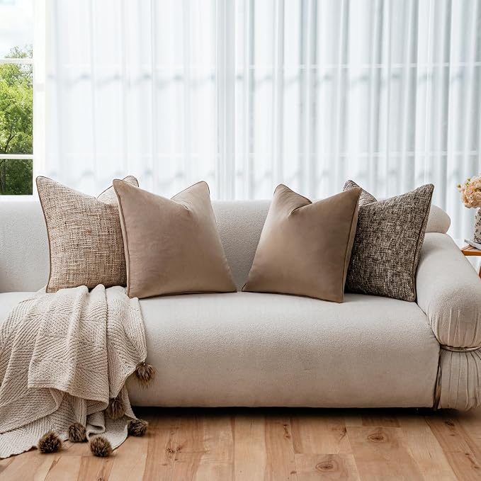 a moment Neutral Khaki Brown 4 Pack Throw Pillow Covers - Chenille & Velvet Set with Piping, Farmhouse Textured Design Pillow Cases for Couch Sofa Bed Livingroom (16x16 Inch, No Insert)