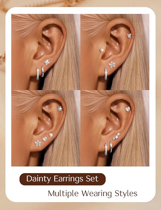LOLIAS Flat Back Earrings for Women Girls - Hypoallergenic Surgical Stainless Steel Earrings for Sensitive Ears 14K Gold Plated Heart Flower Stud Earring Set Small Huggie Hoop Cartilage Earring Stacks