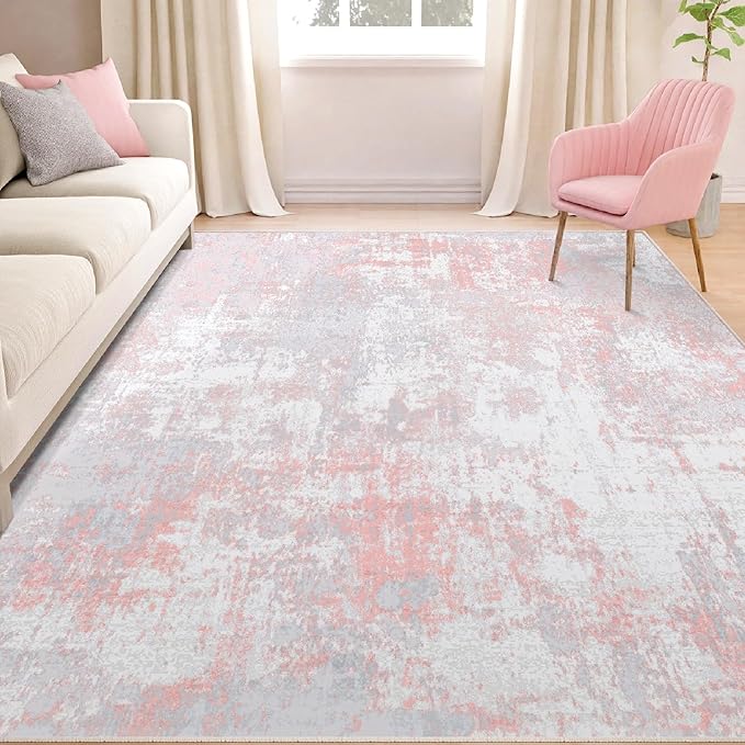 RELEANY Washable Area Rugs 6'x8' Non-Slip Modern Abstract Soft for Living Room Entryway Bedroom Kitchen, Print Pattern, Grey Pink