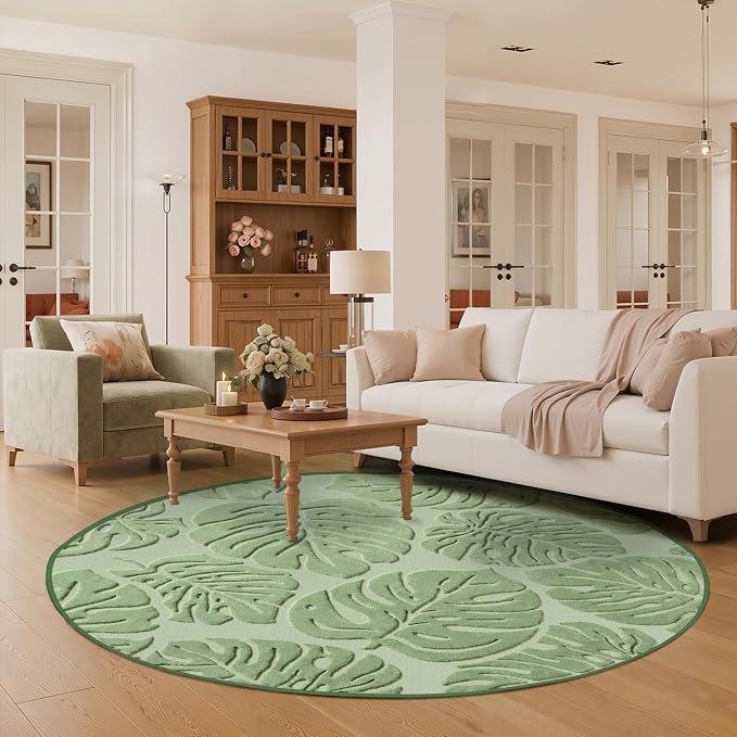 Sage Green Monstera Round Area Rug 6x6, High-Low Plush Pile Washable Rugs for Living Room Bedroom, Tropical Non Slip Nursery Carpet Soft Indoor Shag Rugs for Dining Room