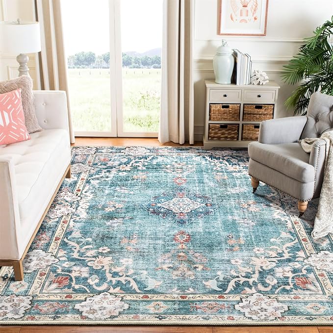 MUJOO Teal Rug Washable,6x9 Area Rugs Non Slip Low-Pile Floral Large | Machine Washable Throw Carpet for Living Room Bedroom Dining Room Boho Soft Indoor Vintage Abstract Flowers Blue Colorful