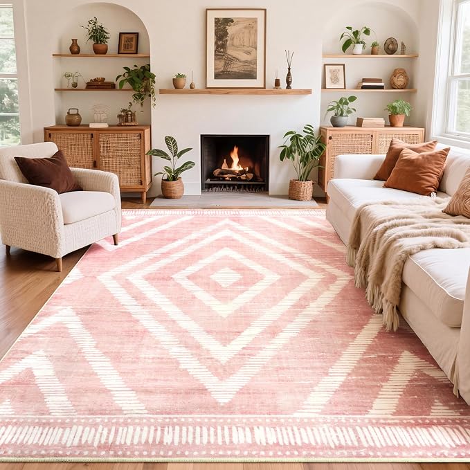 Boho Pink Washable Area Rugs 5x7ft for Living Room, Soft Bedroom Nursery Rugs Non Slip, Modern Thin Kids Playroom Floor Carpets for Dining Room Home Office Decor