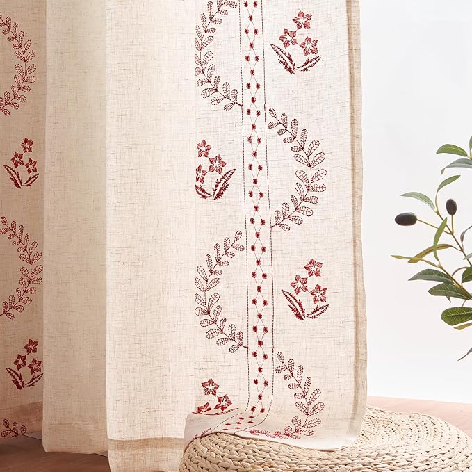 jinchan Floral Linen Curtains 84 Inch Back Tab 2 Panels Burgundy Red | Embroidered curtains,boho curtains,living room,bedroom,light filtering,privacy,flower patterned drapes,window treatment