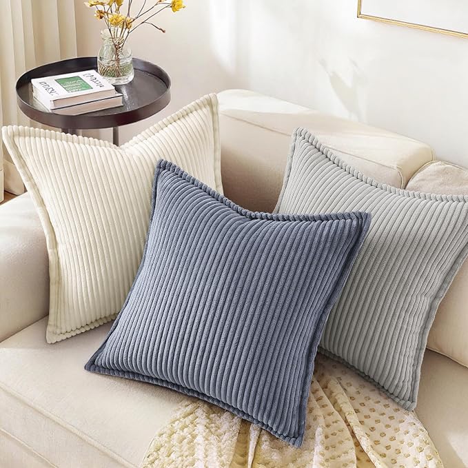decorUhome Fall Corduroy Blue Grey Throw Pillow Covers 16x16 Set of 2 | Couch Decorative Soft Modern Boho Farmhouse Pillow Covers Broadside Striped Pillow Cases for Living Room Bed Sofa