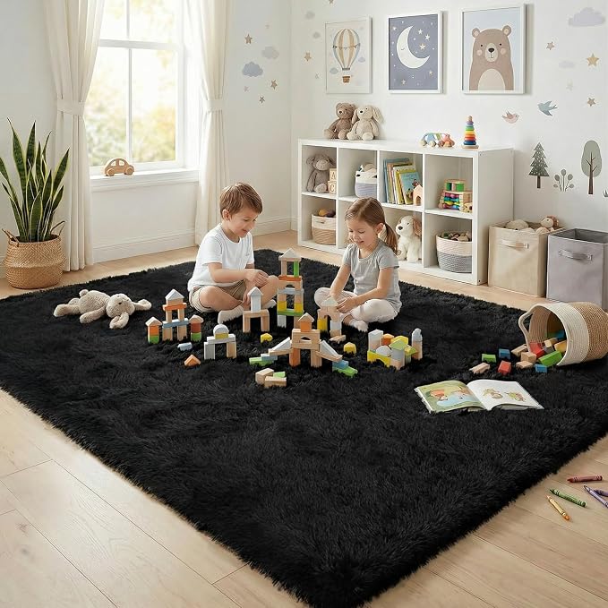 Fluffy Rugs for Living Room: Black Soft Shag Rug for Bedroom, Large Fuzzy Plush Indoor Carpet Non Slip Modern Rug for Nursery Kids Room Dorms Office Home Decor, 7x10 Feet