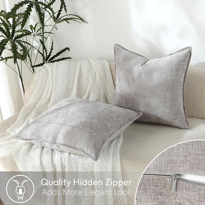 Stellhome Soft Decorative Chenille Pillow Covers 18x18 Inch Natural Grey Boho Farmhouse Neutral Couch Throw Pillows for Bed Sofa Livingroom Pack of 2 Accent Modern Pillowcase Home Decor