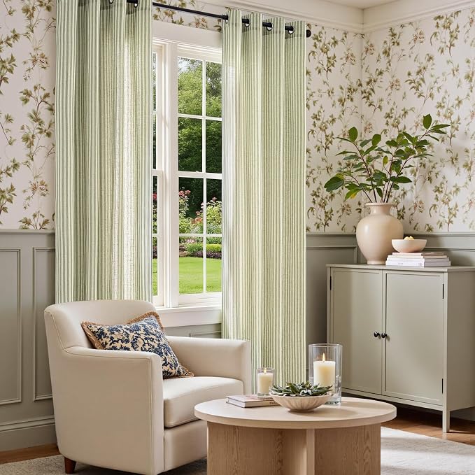 Vangao Linen Striped Curtains for Living Room Bedroom Farmhouse Tickingstripe Light Filtering Window Curtains Printed Drapes Grommet Top 2 Panels Green W50 x L108