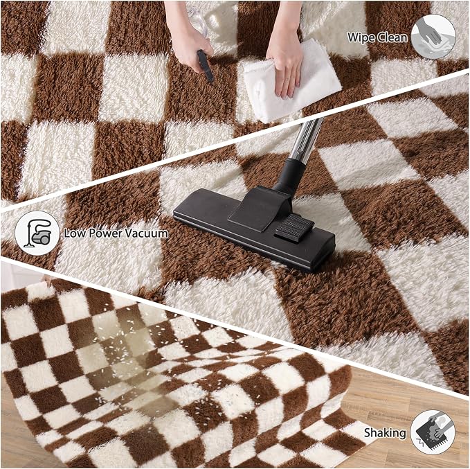 Pionblank 8x10 Area Rugs for Living Room, Fluffy Plush Checkered Rug for Bedroom, Shag Non Slip Soft Furry Large Carpet for Kids Room Nursery Home Decor, Brown and Cream White