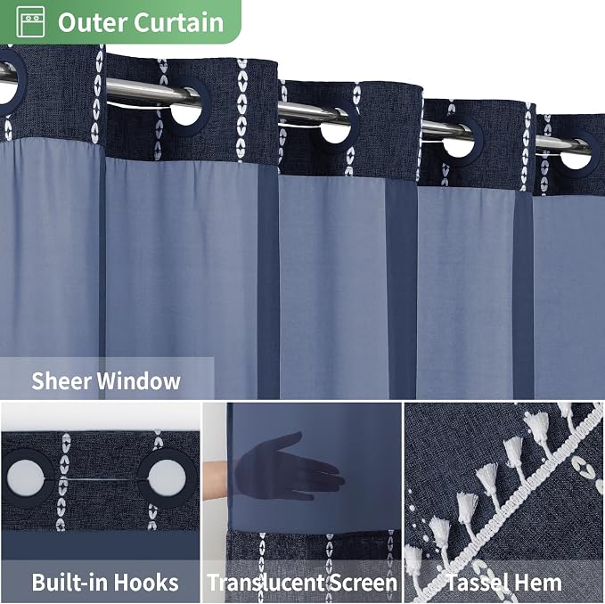 eachope No Hook Extra Long Shower Curtain Set with Snap-in Liner,Linen Textured Thick Striped Fabric with Tassels,Boho Chic Modern Farmhouse Bathroom Curtain,Water-Repellent,Navy Blue,71x86