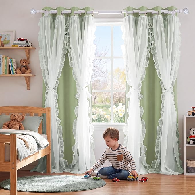 PONY DANCE 100% Blackout Curtains for Girl's Bedroom, Double Layer Grommet Curtain 84 inch Long with Sheer Overlay for Living Room, Nursery Kids Toddler Room Decor, Light Sage, 52" W x 84" L, 2 Panels