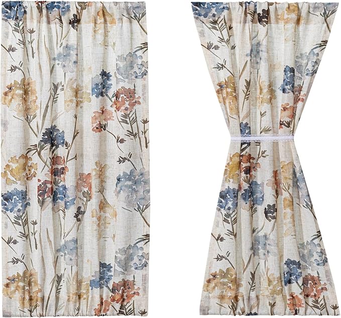 MYSKY HOME Floral Linen French Door Curtains 40 inch Long Set of 2 for Front Door - Light Filtering Privacy Semi Sheer Window Curtains with Rod Pocket, Yellow, 24" W Each Panel