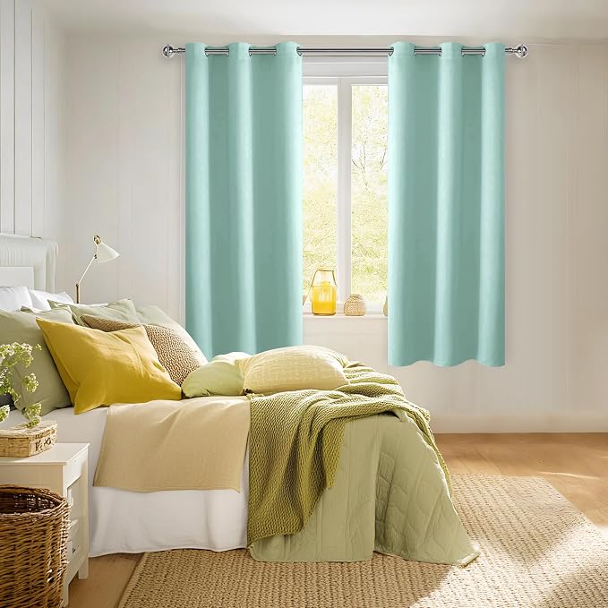Hiasan Room Darkening Curtains for Bedroom, Noise Reducing, Energy Saving Blackout Window Curtain Panels, Sewn with Tiebacks, Set of 2, Grommet Top (Aqua, Width 38 Inch x Length 72 Inch)