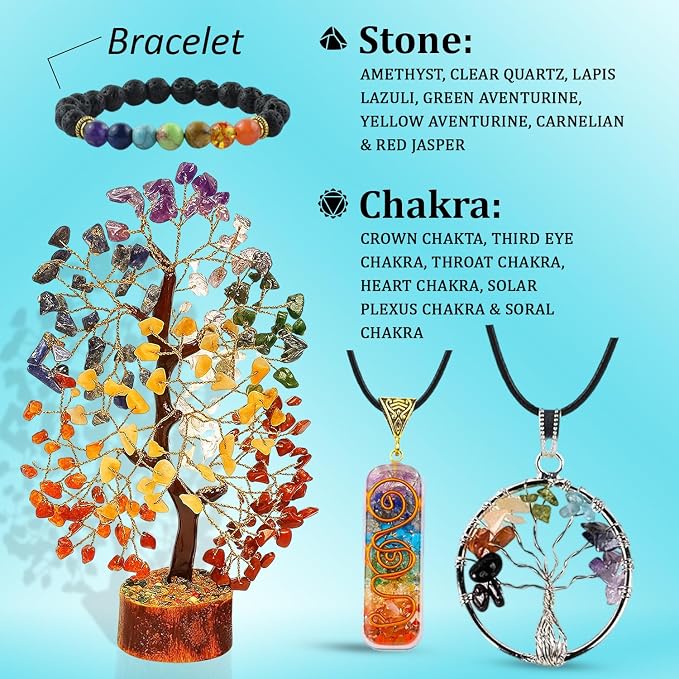 7 Chakra Healing Crystal Gift Set - Premium 300-Bead Gemstone Money Tree, Protection Bracelet & 2 Pendant Necklaces - Complete Feng Shui Meditation Kit for Home Decor, Good Luck & Spiritual Healing