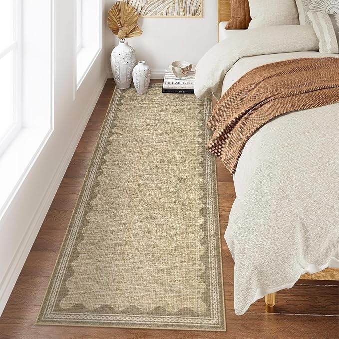 2.5x8 Scalloped Runners Jute Washable Hallways Bedroom Rug | Solid Non Slip Scalloped Bath Runner, Rugs for Bedroom Girls, Rugs for Kitchen Floor Soft Dorm Nursery Carpet for Bedside