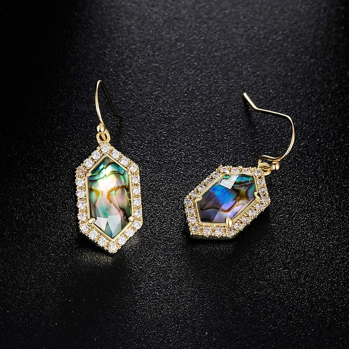 Natural Abalone Dangle Earrings with Halo CZ Leverback Earrings for Women Hypoallergenic Fashion Jewelry