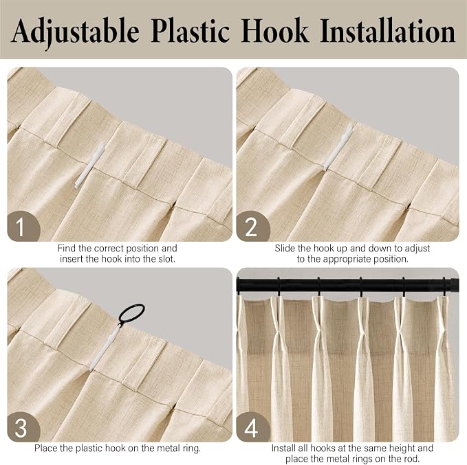 MIULEE Pinch Pleated Thick Linen Curtains 40x96 Inch Warm Beige 4 Panel Set | Back Tab, Memory Trained, Pinch Pleat, Semi Sheer, Light Filtering Curtains, Window Drapes for Living Room Bedroom