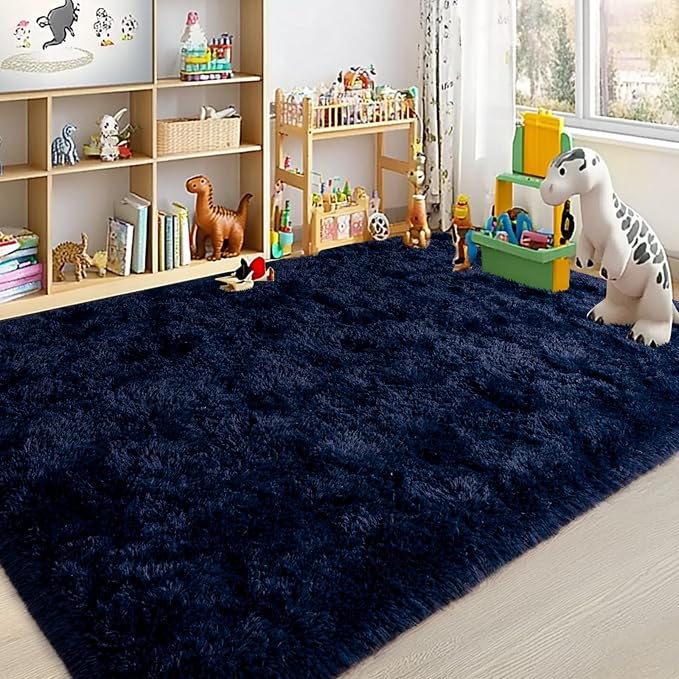 Large Area Rugs for Living Room Bedroom 9x12 Navy Blue Shag Rugs | Ultra Soft Fluffy Shaggy Plush Fuzzy Modern Indoor Throw Floor Carpet for Kids Girls Boys Dorm Nursery Home Decor Aesthetic