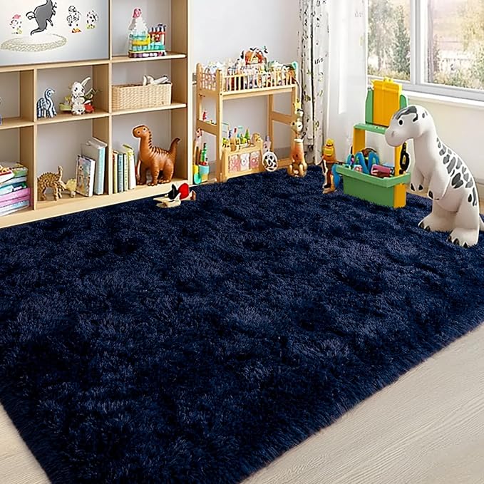 Large Area Rugs for Living Room Bedroom 4x6 Navy Blue Shag Rugs | Ultra Soft Fluffy Shaggy Plush Fuzzy Modern Indoor Throw Floor Carpet for Kids Girls Boys Dorm Nursery Home Decor Aesthetic