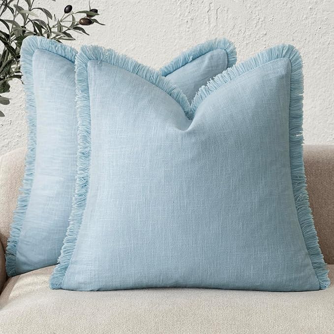Foindtower Set of 2 Decorative Linen Fringe Throw Pillow Covers Cozy Boho Farmhouse Cushion Cover with Tassels Soft Accent Pillowcase for Couch Sofa Bed Living Room Home Decor,26×26 Inch,Light Blue