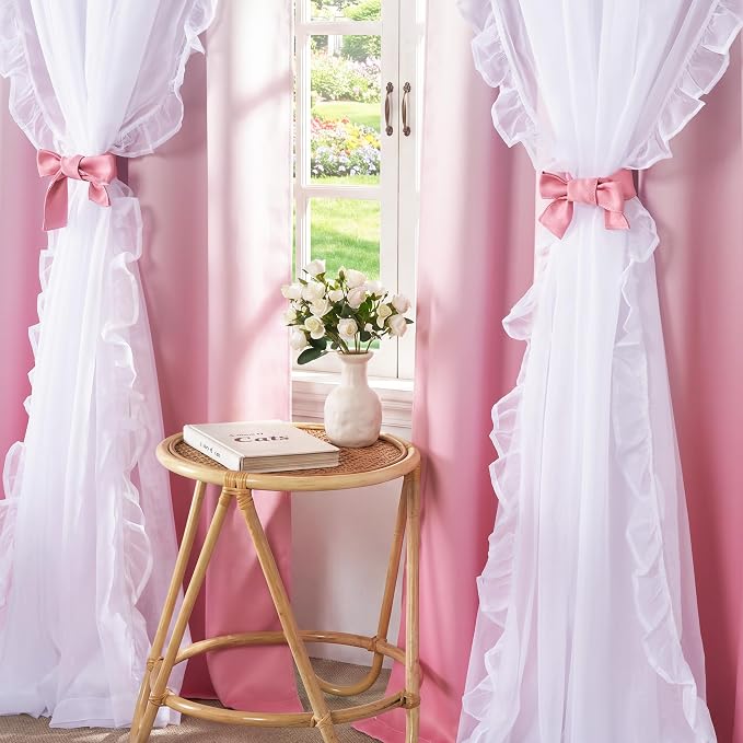 PONY DANCE Ruffle Curtains Double Layers Sheer Overlay Shabby Chic Decoration for Bedroom/Nusery, Gradient Window Covering with Tiebacks, 52" Wide x 84" Long, Ombre-Pink, 2 Panels
