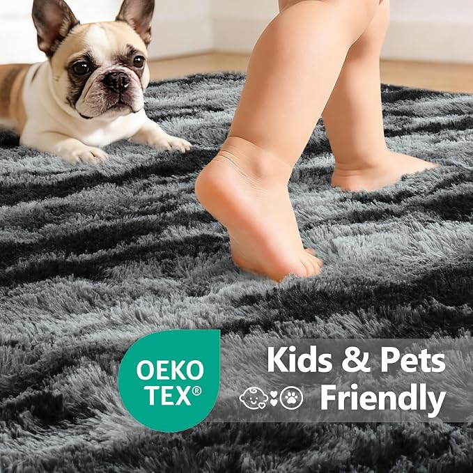 Large Shaggy 6x9 Area Rugs for Living Room Decor, Non-Slip Tie-Dyed Rugs for Bedroom Kids Playroom Dorm Room, High Pile Ultra Soft Carpet, Black