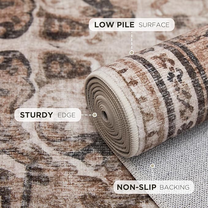 Joydeco 6x9 Area Rugs for Living Room Vintage, Light Coffee | Non Slip Machine Washable Low Pile for Bedroom Dining Room Home Office Pet & Child Friendly