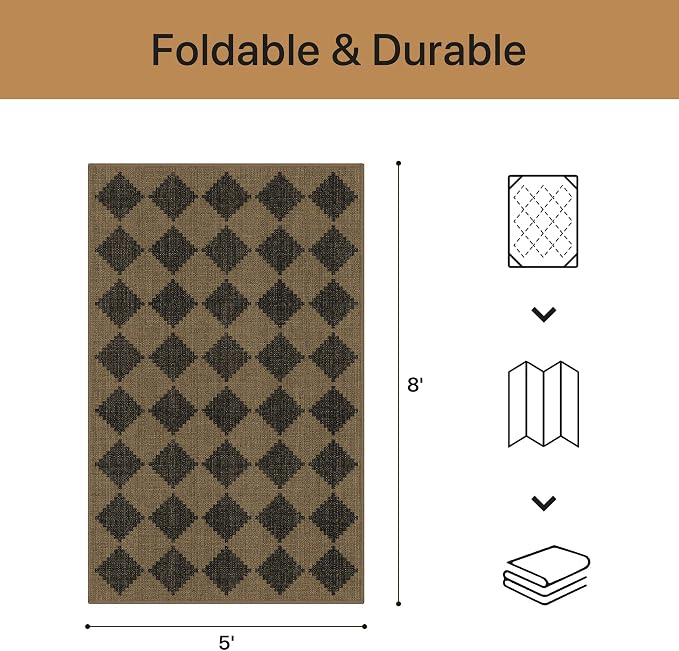 GENIMO Indoor Outdoor Area Rug 5'x8', Checkered Easy Jute Rug Machine Washable, Easy-Cleaning, Non Slip Geometric Outdoor Carpet for Patio, Living Room, Backyard, Porch, Deck, Balcony, Diamond Brown