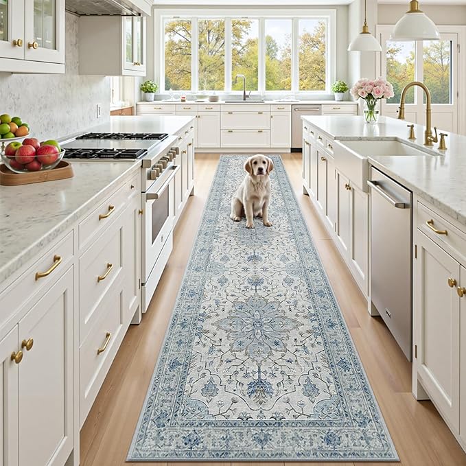 RELEANY Area Rugs Runner 2'6"x14' Washable Non-Slip, Floral Vintage Distress Medallion Carpet for Kitchen Hallway Bedroom Beside Laundry Room Bathroom, Light Blue Navy Gray White