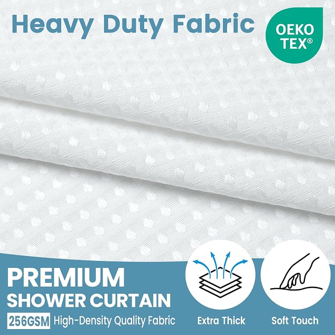 EUTXL Heavyweight Stall No Hook Shower Curtain with Snap in Liner,256GSM Waffle Weave Shower Curtains for Bathroom,48W x 74H,White
