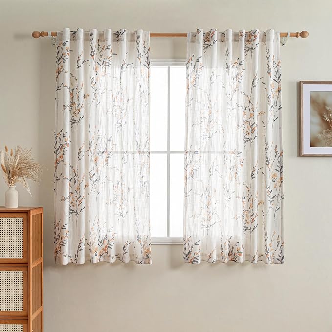 MYSKY HOME Bedroom Curtains 63 Inch Length 2 Panels Set Linen Look Semi Sheer Yellow Vertical Drapes Light Filtering Privacy Protect Floral Print for Bedroom Living Room Kitchen, W50 x L63, 2 Pcs