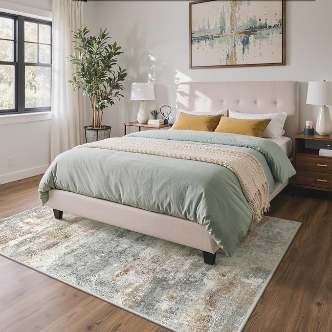 GENIMO Abstract Area Rug 5x7, Washable Modern Rug Non Slip, Low Pile Lightweight Soft Large Carpet for Living Room, Bedroom, Dining Room, Silver Tan