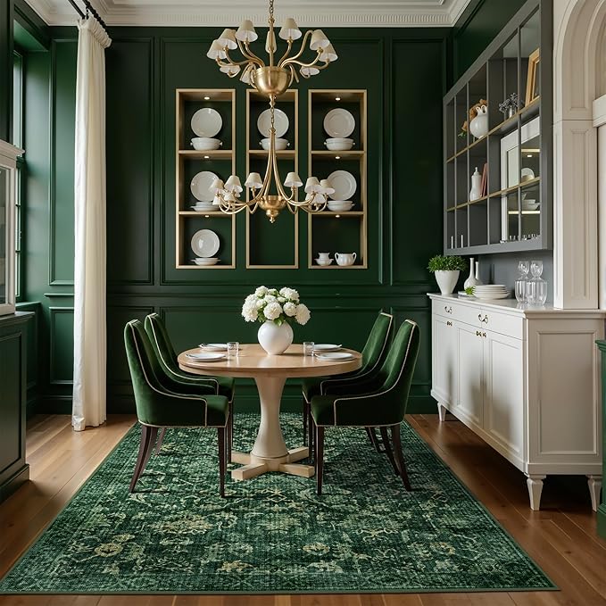 Dark Green Vintage Area Rug 4x6 for Living Room Bedroom, Washable Distressed Farmhouse Soft Thin Non-Shedding Indoor Throw Rug, Traditional Accent Carpet for Bedroom Office