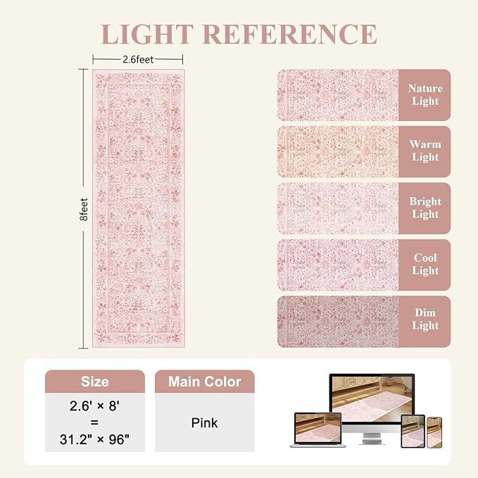 DUKINO 2.6x8 Runner Rug, Washable Vintage Floral Kitchen Rug, Pink | Non Slip, Low Pile, Non-Shedding, Stain Resistant, Soft Throw Carpet Runner for Hallway Bathroom Laundry Entryway Farmhouse