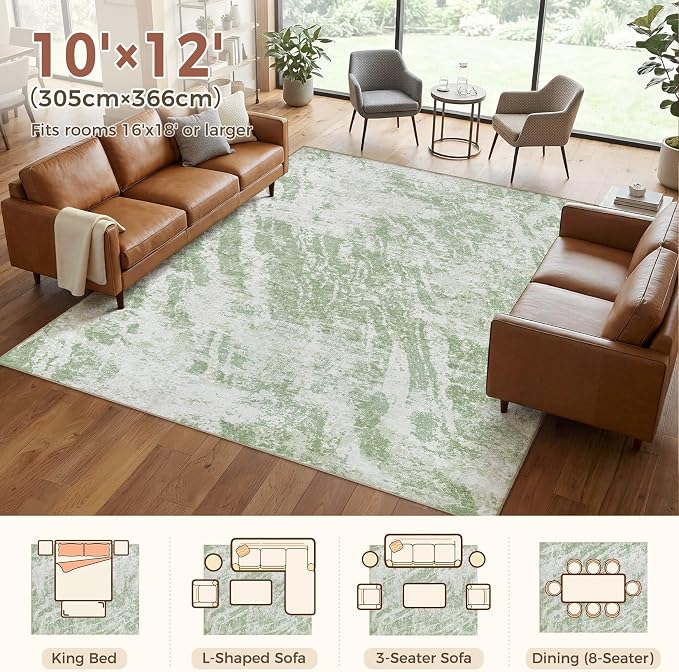 DMOYEST 10x12 Washable Area Rug: Abstract Modern Non-Slip Carpet, Soft Low Pile Indoor Neutral Easy Clean Floor Rugs for Living Room Bedroom Dining Room Kids & Pets - Green