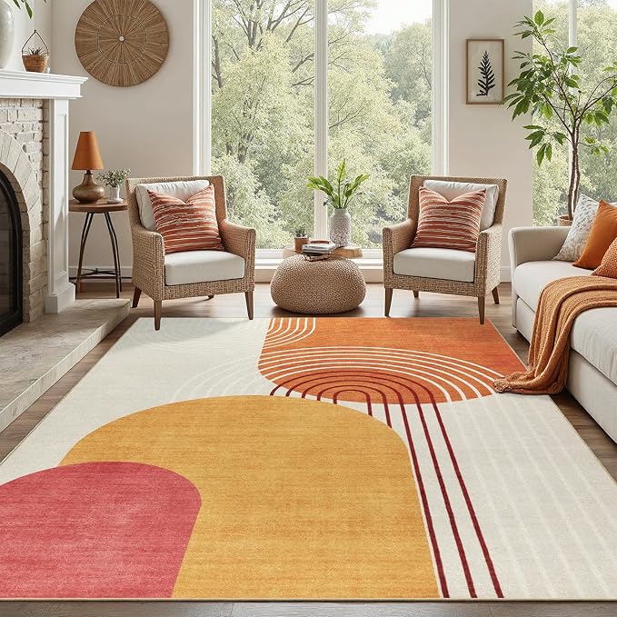 DCX Abstract Machine Washable 7x9 Rug, Mid Century Modern Rug for Living Room, Soft Low Pile Non Slip Carpet, Kid & Pet Friendly Stain Resistant Rug for Bedroom Dining Room Office, Orange & Yellow