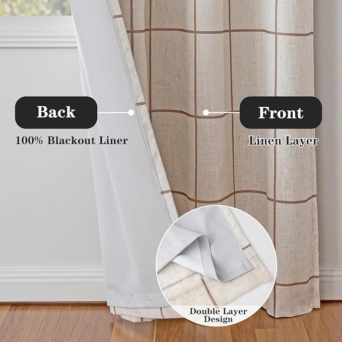 MYSKY HOME 100% Blackout Brown Plaid Linen Farmhouse Curtains 95 Inches Long for Dining Room Double Layer Thermal Insulated Striped Print Drapes with Rod Pocket Back Tab, 2 Panels, Wide 52 Inch