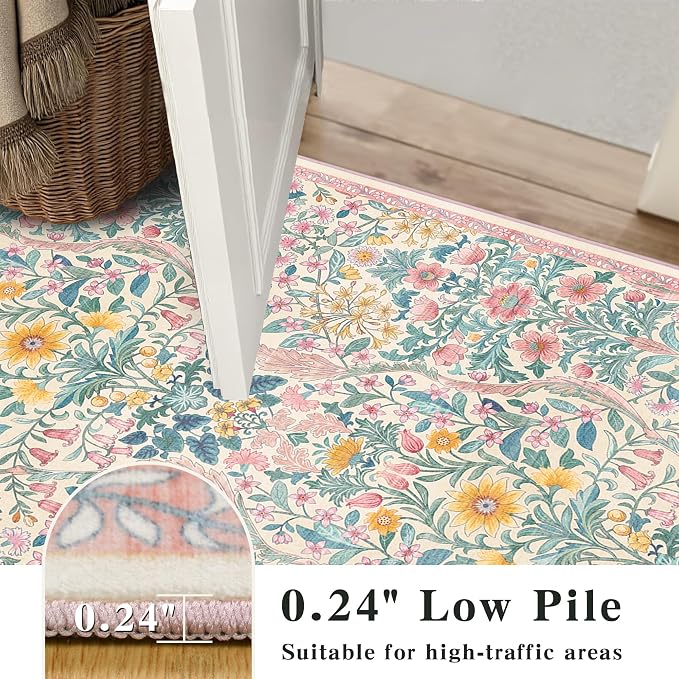 9x12 Pink Vintage Floral Area Rug,Washable Large Boho Living Room Rugs,Botanical Print Non-Slip Stain Resistant Lightweight Carpet for Bedroom Dining Room Nursery