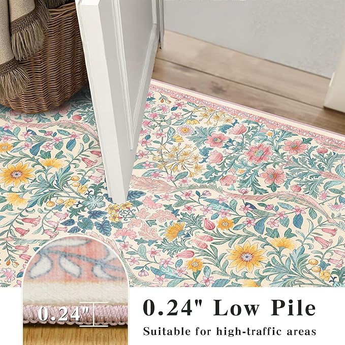 Floral 2x3 Entryway Rug,Washable Front Door Mat Indoor Non Slip Low Pile Small Carpet, Soft Pink Boho Botanical Throw Rug for Bathroom Bedroom Kitchen Laundry Indoor Entrance