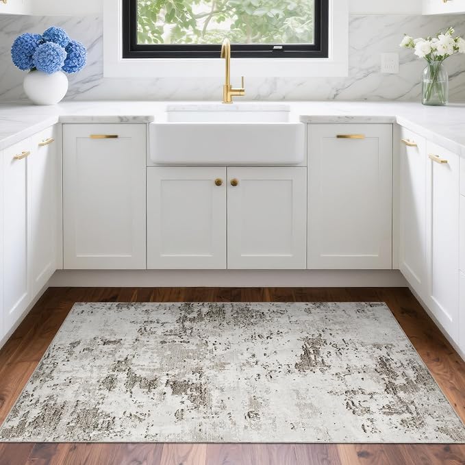 ROYHOME Modern Abstract 2x3 Area Rug Non Slip Non Shedding Low Pile Stain Resistant Rug for Entryway Kitchen Bedroom,Taupe/Beige