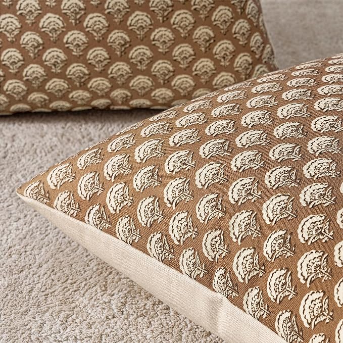 MIULEE Set of 2 Decorative Floral Pillow Covers Neutral Vintage Throw Pillows Block Print Boho Farmhouse Cushion Covers for Modern Spring Home Decor Couch Sofa Bed Living Room, 20x20 Inch, Cognac