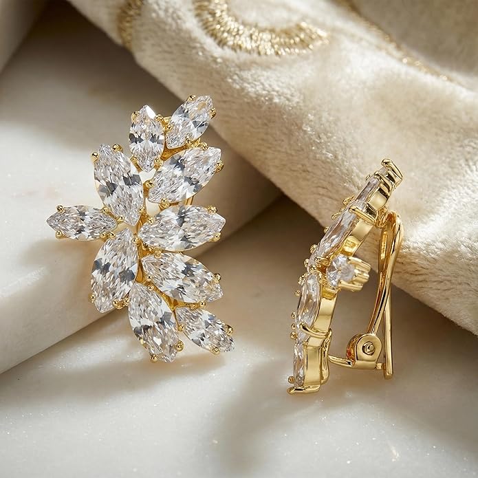 Mariell Clip-On Cubic Zirconia Crystal Bridal Earrings, Marquise Shape CZ Curved Clusters, Women Earrings for Wedding, Bridesmaids, Homecoming, Mother of the Bride