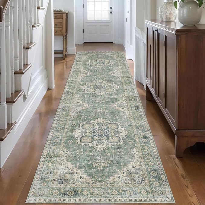LUXRUG Runner Rugs for Hallway 2.5x10ft - Long Non-Slip Sage Green Washable Boho Runner Rug Low Pile Soft Vintage Farmhouse Oriental Medallion Carpet for Kitchen Living Room Indoor Entryway Bedroom