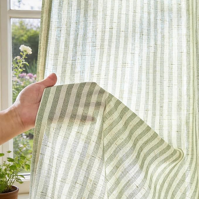 jinchan Linen Curtains 84 Inch Sage Green Stripe on Beige Back Tab 2 Panels | Curtains For Living Room Bedroom,Ticking Stripe, Farmhouse Cottage Core Rustic,Rod Pocket Window Treatment,Light Filtering