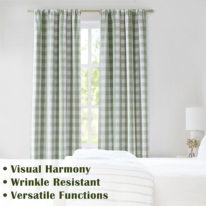 Short Sage Green Buffalo Plaid Full Blackout Curtains 63 Inch | Farmhouse Drapes for Bedroom Living Room,Thermal Insulated Window Treatment,Rod Pocket Back Tabs,52"Wx63"Lx2
