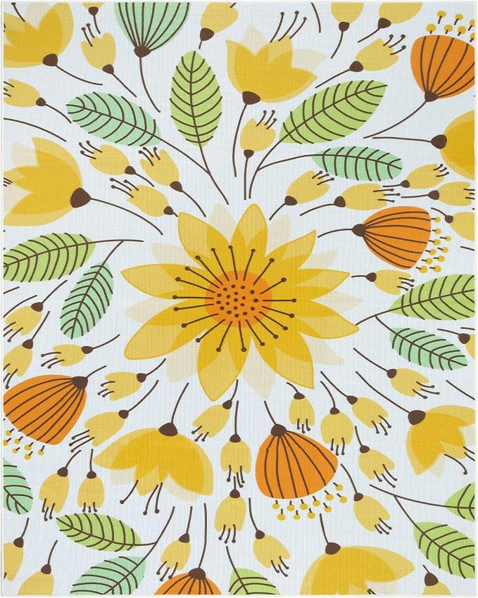 Lahome Floral Indoor Outdoor Rug 8x10, Non Slip Outdoor Patio Rug for Camping Picnic, Portable Large Outdoor Area Rug for Balcony Deck Backyard, RV Mat Outdoor Rugs for Living Room Bedroom,Yellow
