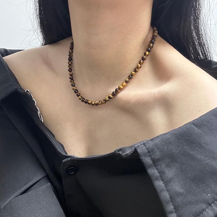 Kakikaki Natural Agate Choker Necklace Sterling Silver Round Beads Strand Necklace for Women
