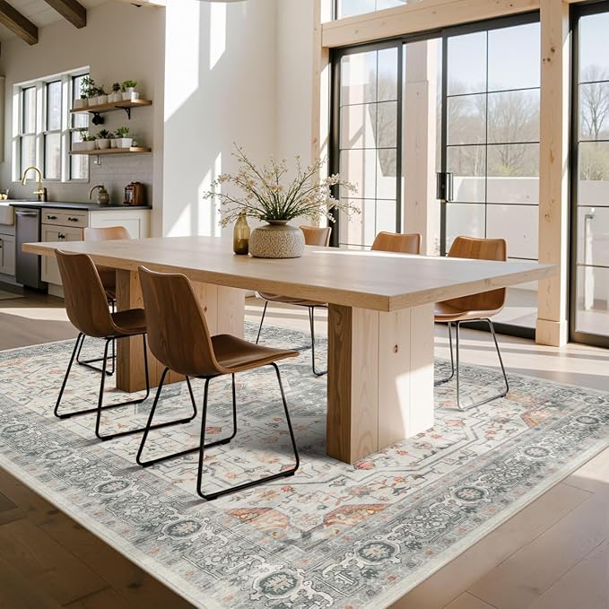 Rugxara 5X7 Taupe Washable Area Rug for Living Room, Vintage Boho Rugs for Office, Dining Room, Kids Room, Farmhouse, Low Pile Non Slip Carpet for High Traffic Areas