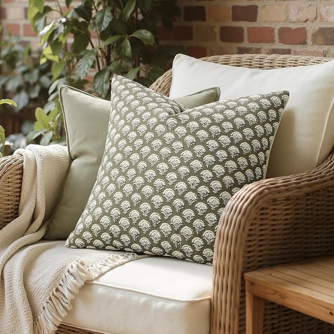 MIULEE Set of 2 Decorative Floral Euro Shams Pillow Covers Neutral Vintage Throw Pillows Block Print Boho Farmhouse Cushion Covers for Modern Home Decor Couch Bed Living Room, 26x26 Inch, Sage Green
