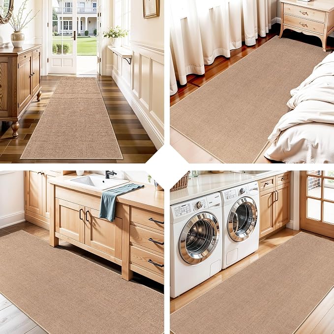2x6 Jute Woven Runner Rug: Non Slip Backing Solid Color Easy Clean Hallways | Washable Thin Indoor Kitchen Carpet High Traffic Areas Farmhouse Home Decor Durable Textured Low Pile Accent Mats (Beige,2x6)